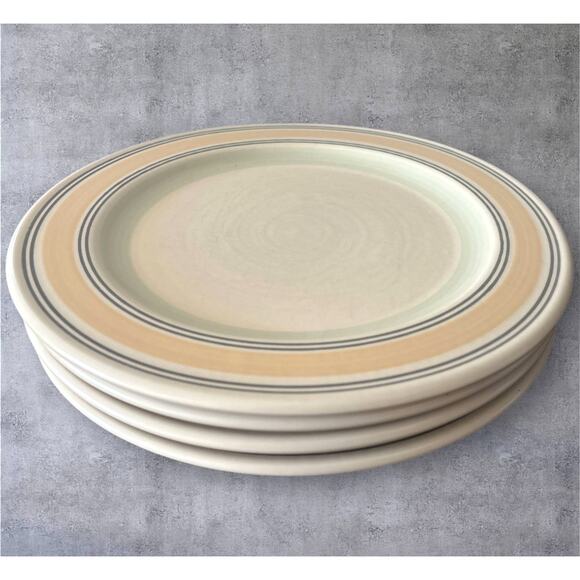 Pfaltzgraff Set 4 Key Largo 11" Stoneware Dinner Plates Cream Yellow Green Bands - Picture 2 of 6